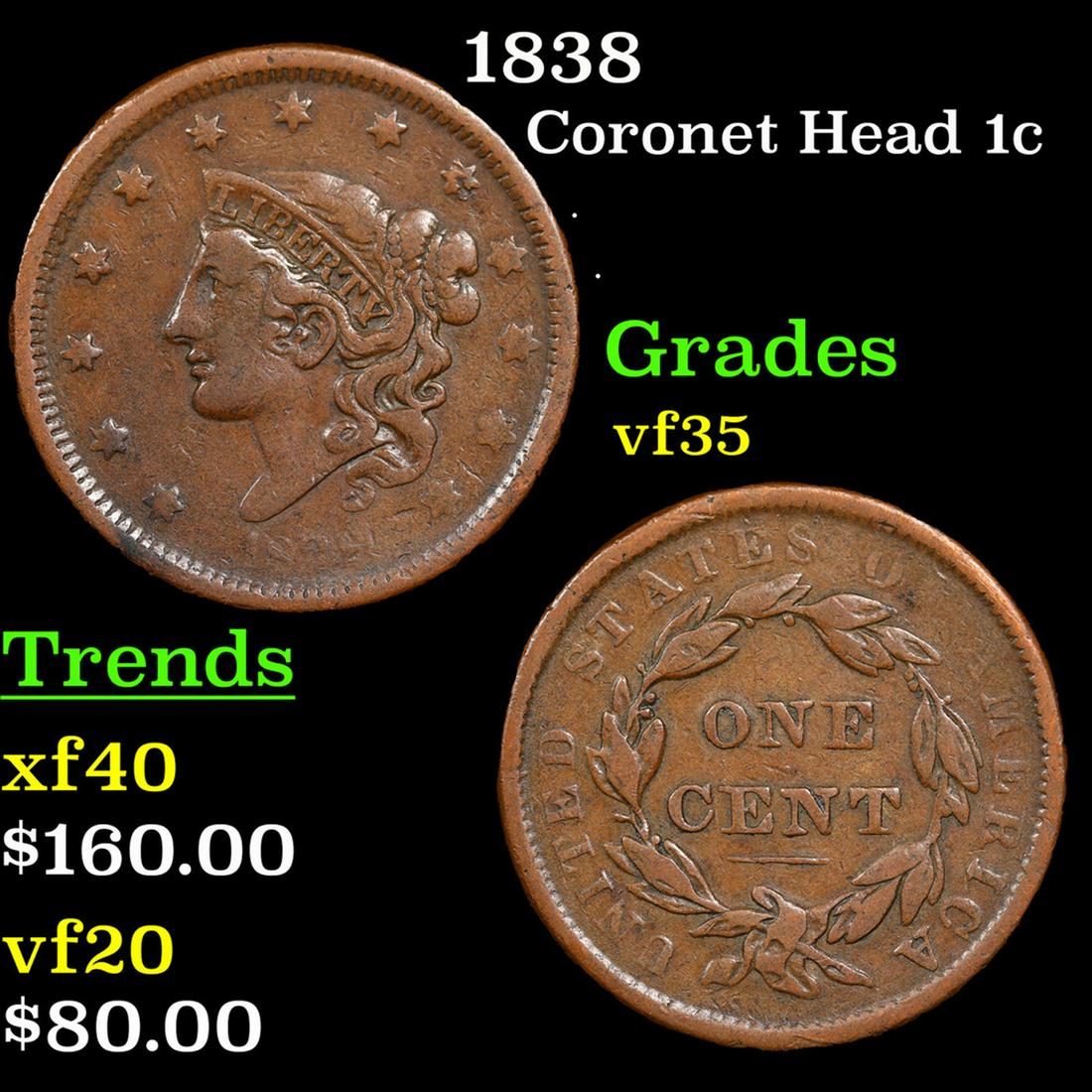 1838 Coronet Head Large Cent 1c Grades vf++ (1 of 3)