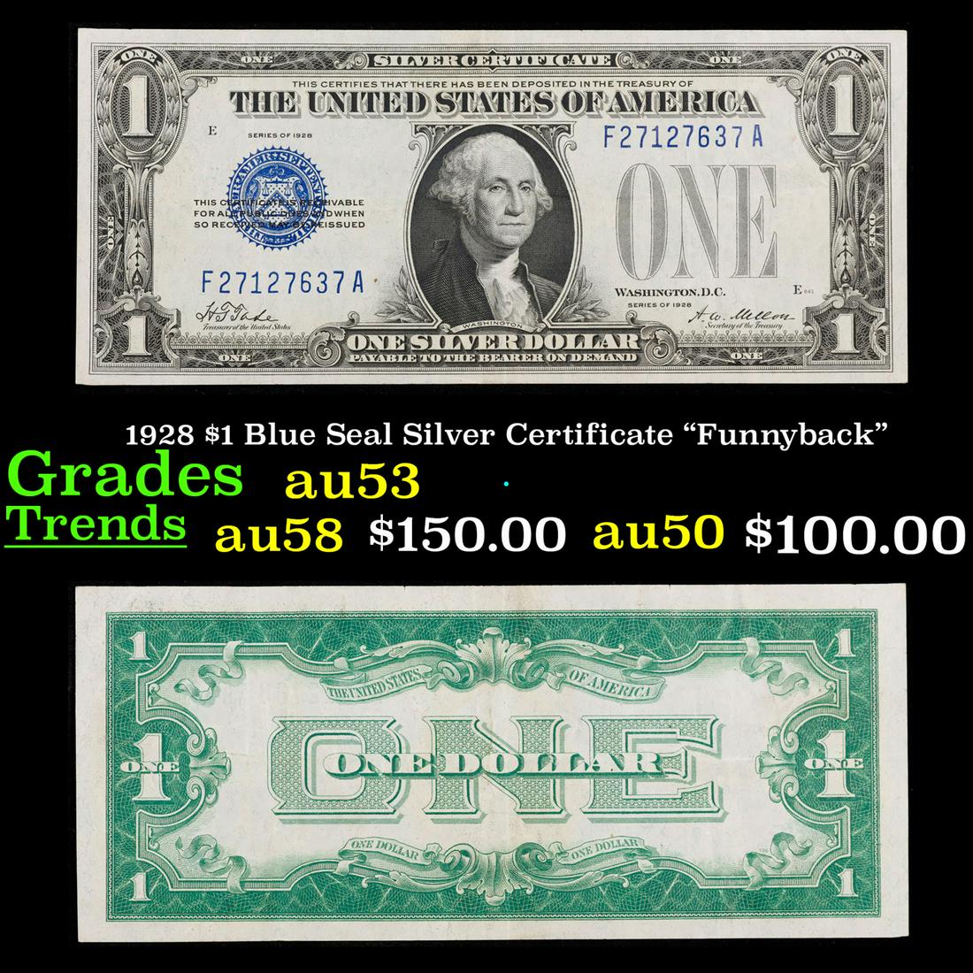 1928 $1 Blue Seal Silver Certificate "Funnyback" Grades Select AU (1 of 3)
