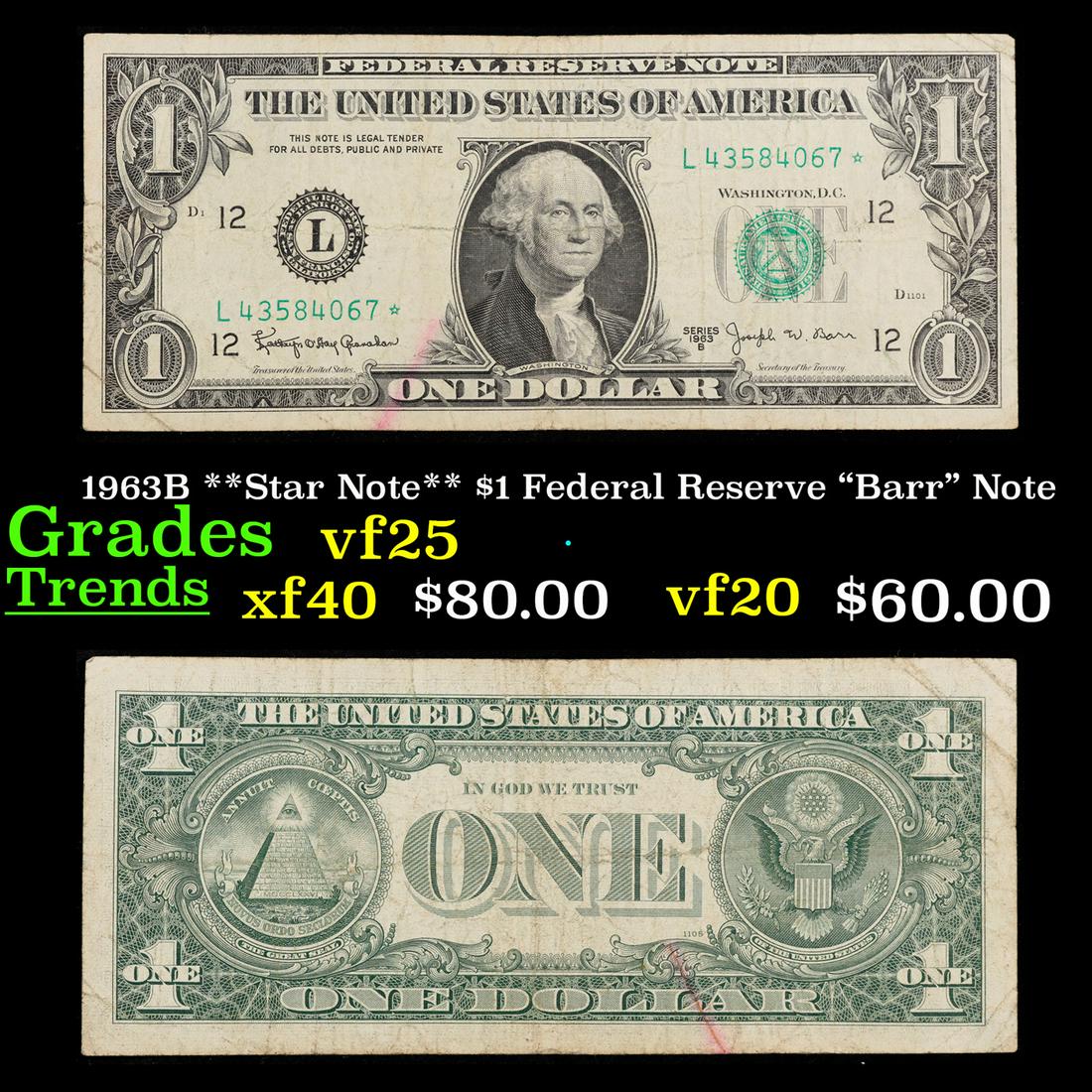 1963B **Star Note** $1 Federal Reserve "Barr" Note Grades vf+ (1 of 3)
