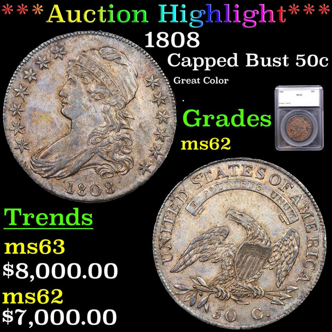 ***Auction Highlight*** 1808 Capped Bust Half Dollar 50c Graded ms62 BY SEGS (fc) (1 of 5)