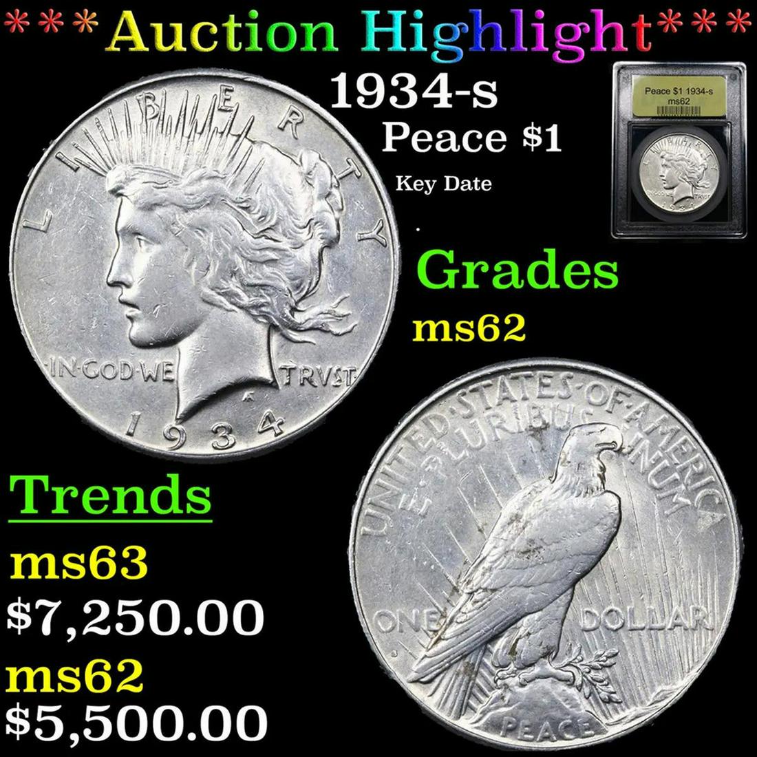 ***Auction Highlight*** 1934-s Peace Dollar $1 Grades Select Unc By USCG (fc) (1 of 5)