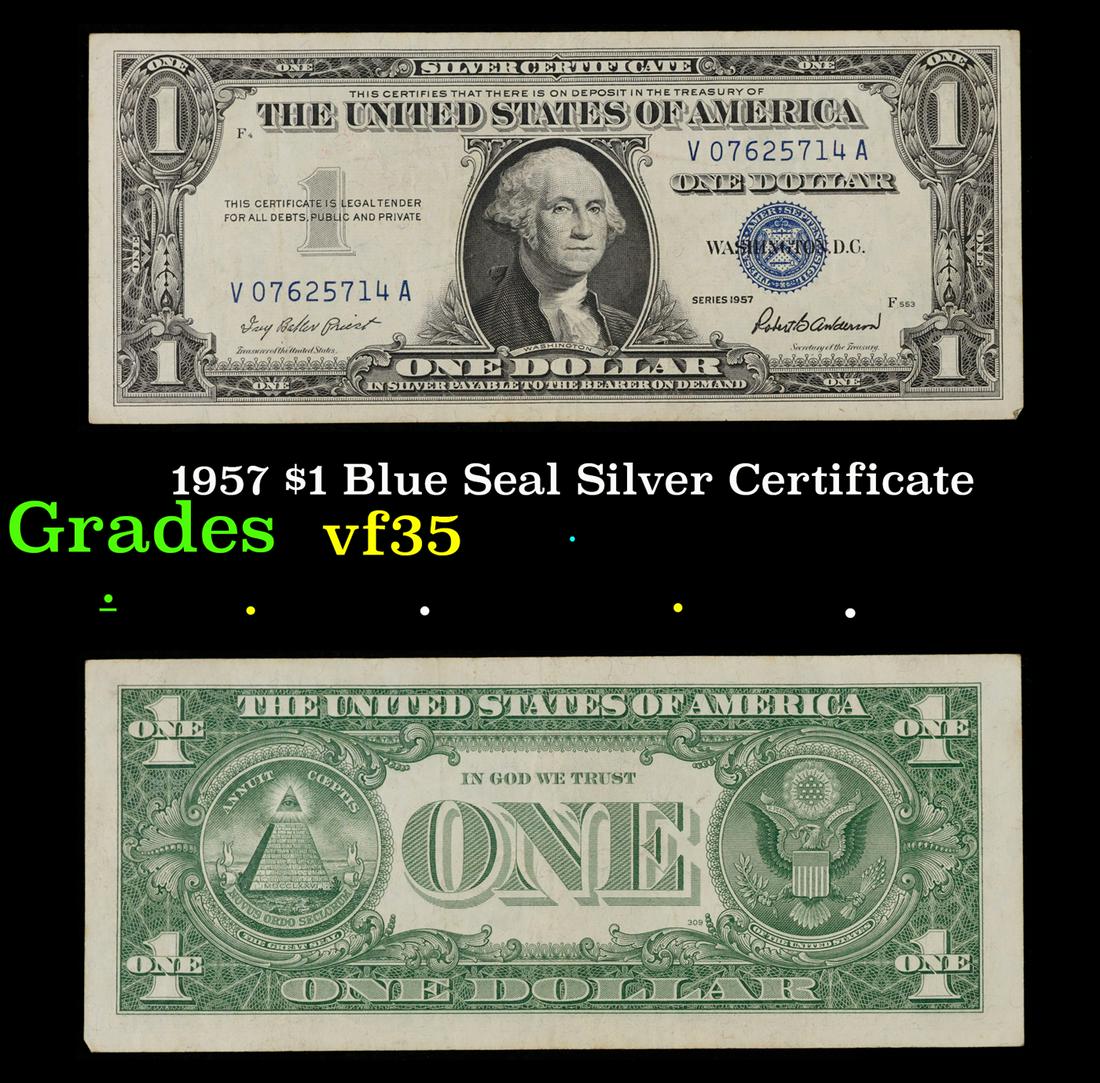 1957 $1 Blue Seal Silver Certificate Grades vf++: 1957 $1 Blue Seal Silver Certificate Grades vf++. Silver Certificates were redeemable in Silver. One of their most distinctive qualities is the blue Treasury seal and serial numbers. These notes inclu