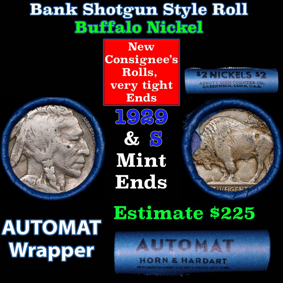Buffalo Nickel Shotgun Roll in Old Bank Style 'Abbott Coin Counter & Automat' Wrapper 1929 & S Mint: Buffalo Nickel Shotgun Roll in Old Bank Style 'Abbott Coin Counter & Automat' Wrapper 1929 & S Mint Ends. The roll is held in an old, rare "Brandt Abbott Coin Counter" Bank style wrapper. They are all