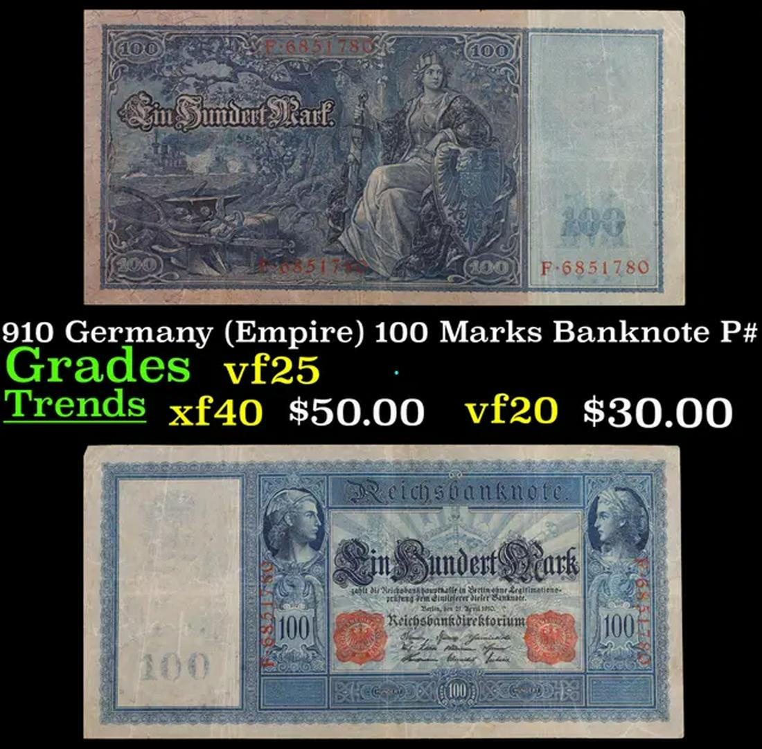 1910 Germany (Empire) 100 Marks Banknote P# 42 Grades vf+ (1 of 3)