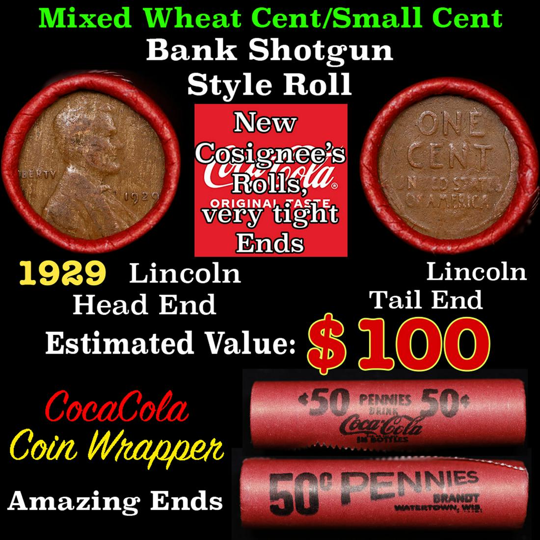 Mixed small cents 1c orig shotgun roll, 1929-p Lincoln Cent, Lincoln Cent other end, Coca-Cola: Mixed small cents 1c orig shotgun roll, 1929-p Lincoln Cent, Lincoln Cent other end, Coca-Cola Brandt Wrapper.. The roll is held in an old Rare & Collectable Brinks 'Only Brinks Can Open This Safe, Ch