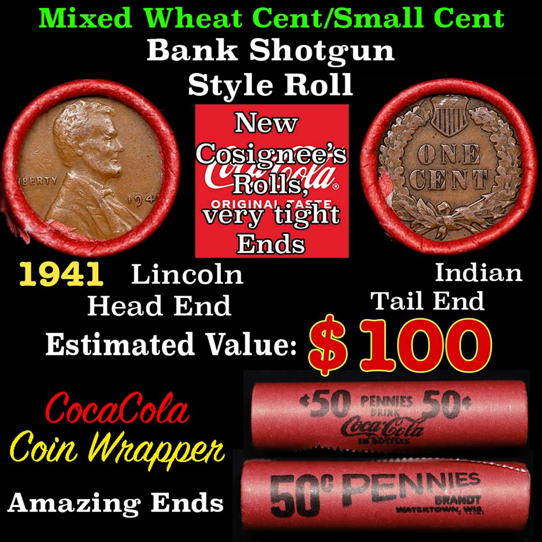 Mixed small cents 1c orig shotgun roll, 1941-p Lincoln Cent, Lincoln Cent other end, Coca-Cola: Mixed small cents 1c orig shotgun roll, 1941-p Lincoln Cent, Lincoln Cent other end, Coca-Cola Brandt Wrapper.. The roll is held in an old Rare & Collectable Brinks 'Only Brinks Can Open This Safe, Ch