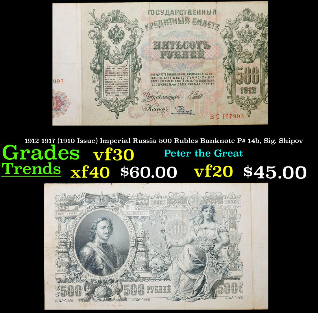 1912-1917 (1910 Issue) Imperial Russia 500 Rubles Banknote P# 14b, Sig. Shipov Grades vf++: 1912-1917 (1910 Issue) Imperial Russia 500 Rubles Banknote P# 14b, Sig. Shipov Grades vf++. Up for auction we have a beautiful, ornate Imperial Ruble note from the final decade of the Russian Empire u