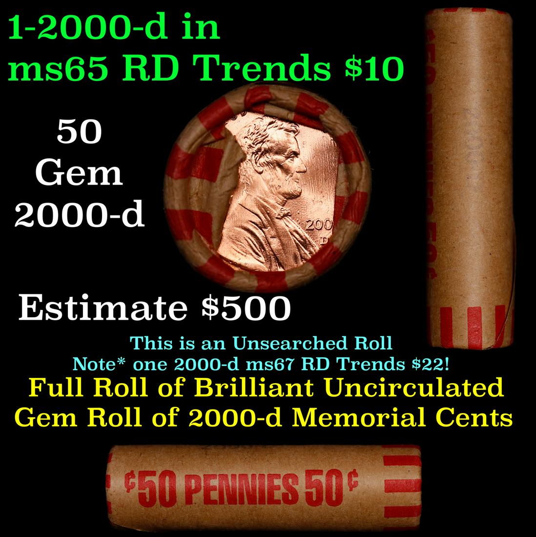 Shotgun Lincoln 1c roll, 2000-d 50 pcs Brandt Wrapper.: Shotgun Lincoln 1c roll, 2000-d 50 pcs Brandt Wrapper.. The roll is held in an old Rare & Collectable Brinks 'Only Brinks Can Open This Safe, Chicago IL' Penny wrapper. Actual roll pictured is the rol