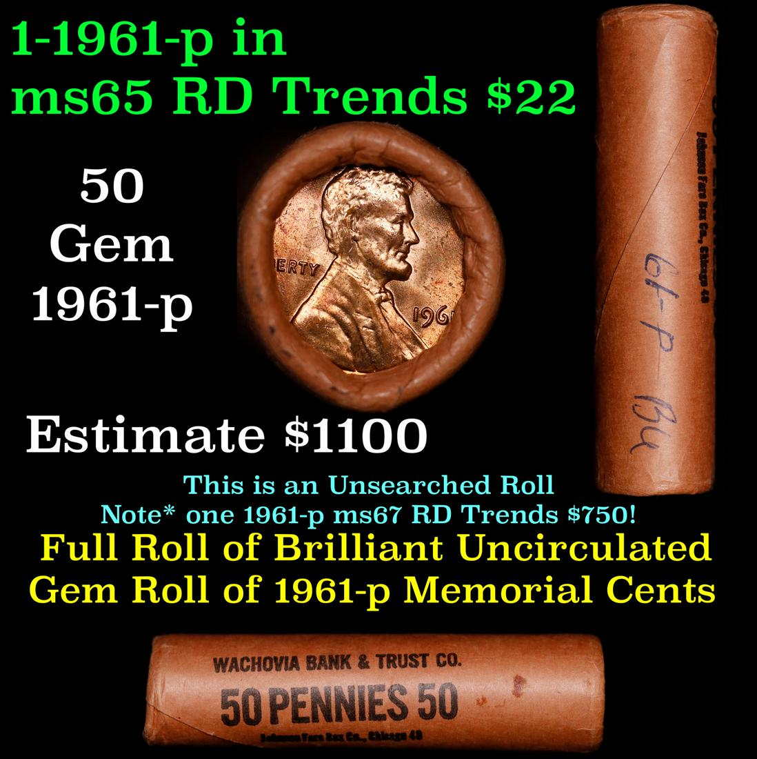 Shotgun Lincoln 1c roll, 1961-p 50 pcs Wachovia Bank Wrapper.: Shotgun Lincoln 1c roll, 1961-p 50 pcs Wachovia Bank Wrapper.. The roll is held in an old Rare & Collectable Brinks 'Only Brinks Can Open This Safe, Chicago IL' Penny wrapper. Actual roll pictured is