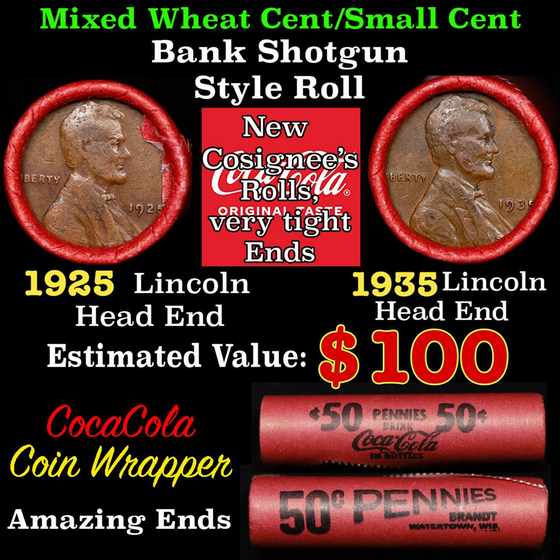 Mixed small cents 1c orig shotgun roll, 1935-p Lincoln Cent, 1925-p Lincoln Cent other end,: Mixed small cents 1c orig shotgun roll, 1935-p Lincoln Cent, 1925-p Lincoln Cent other end, Coca-Cola Brandt Wrapper.. The roll is held in an old Rare & Collectable Brinks 'Only Brinks Can Open This S
