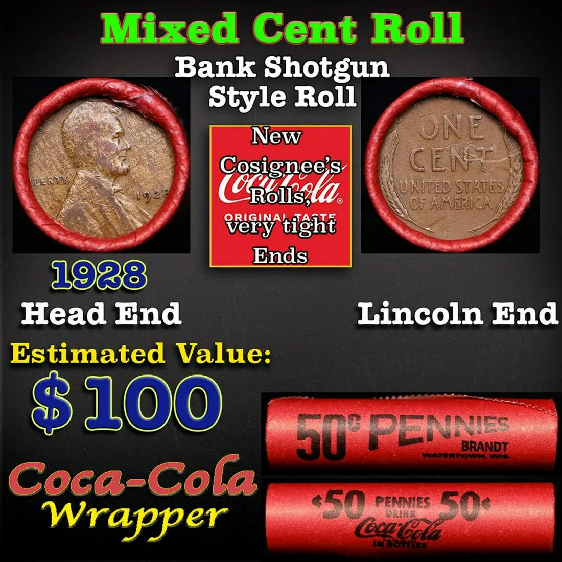 Mixed small cents 1c orig shotgun roll, 1928-p Lincoln Cent,: Mixed small cents 1c orig shotgun roll, 1928-p Lincoln Cent, . The roll is held in an old Rare & Collectable Brinks 'Only Brinks Can Open This Safe, Chicago IL' Penny wrapper. Actual roll pictured is