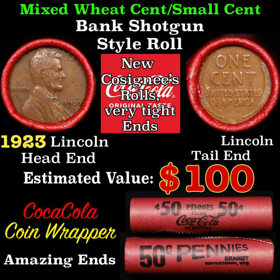 Mixed small cents 1c orig shotgun roll, 1923-p Lincoln Cent, , Coca-Cola Brandt Wrapper.: Mixed small cents 1c orig shotgun roll, 1923-p Lincoln Cent, , Coca-Cola Brandt Wrapper.. The roll is held in an old Rare & Collectable Brinks 'Only Brinks Can Open This Safe, Chicago IL' Penny wrappe