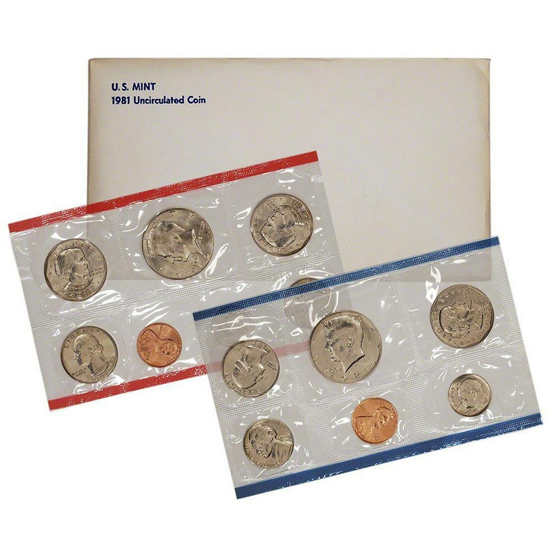 1981 United States Mint Set in the original packaging 6 coins: 1981 United States Mint Set in the original packaging 6 coins. The 1981 sets include a Susan B. Anthony dollar, Kennedy half, Washington quarter, Roosevelt dime, Jefferson nickel & Lincoln cent, 1 coi