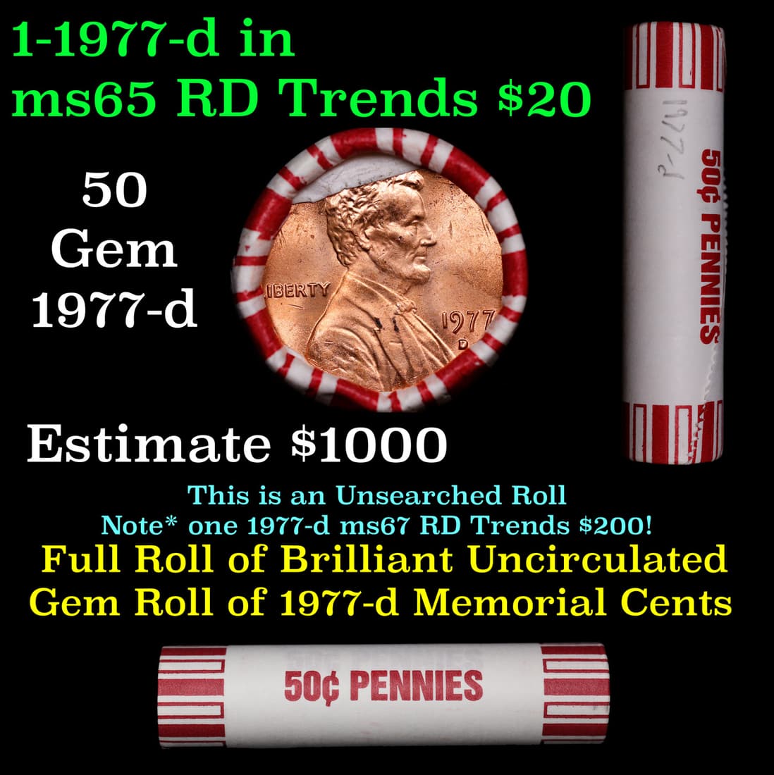 Shotgun Lincoln 1c roll, 1977-d 50 pcs Brandt 50c Wrapper. (1 of 3)