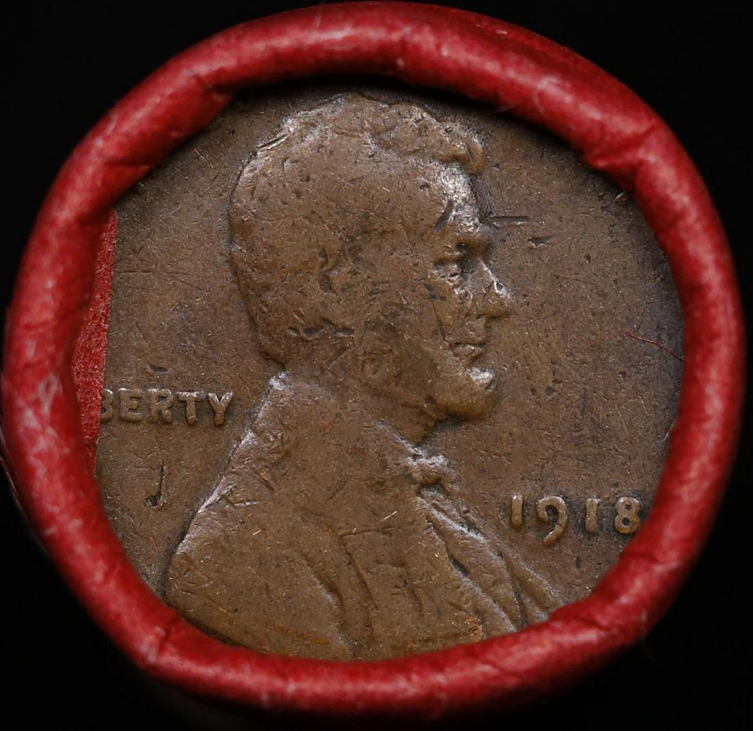 Mixed small cents 1c orig shotgun roll, 1918-p Lincoln Cent, Wheat Cent other end, Nathan's Brandt (1 of 2)