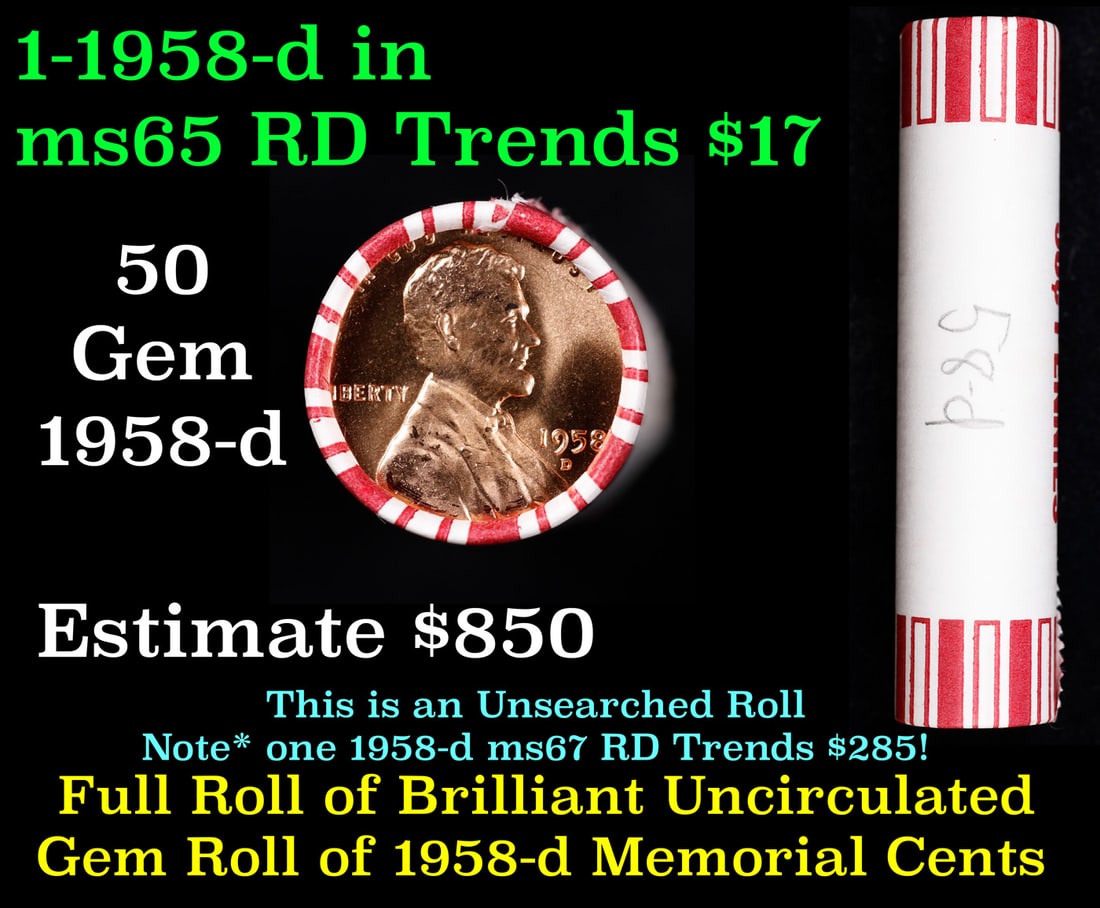 Shotgun Lincoln 1c roll, 1958-d 50 pcs Brandt 50c Wrapper.: Shotgun Lincoln 1c roll, 1958-d 50 pcs Brandt 50c Wrapper.. A terrific Shotgun roll of Lincoln cents. Most if not all coin should be cherry red.