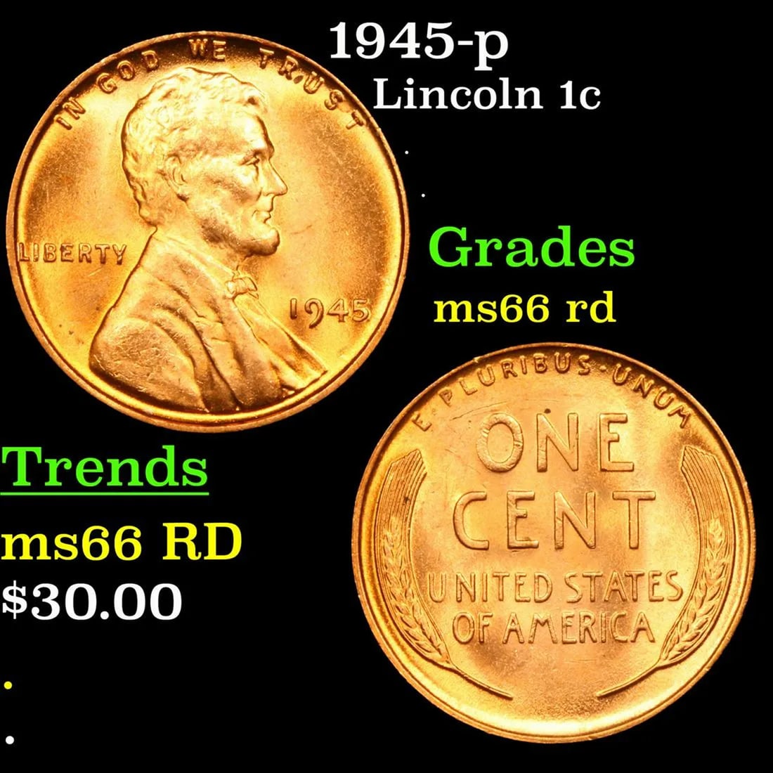 1945-p Lincoln Cent 1c Grades GEM+ Unc RD: 1945-p Lincoln Cent 1c Grades GEM+ Unc RD.