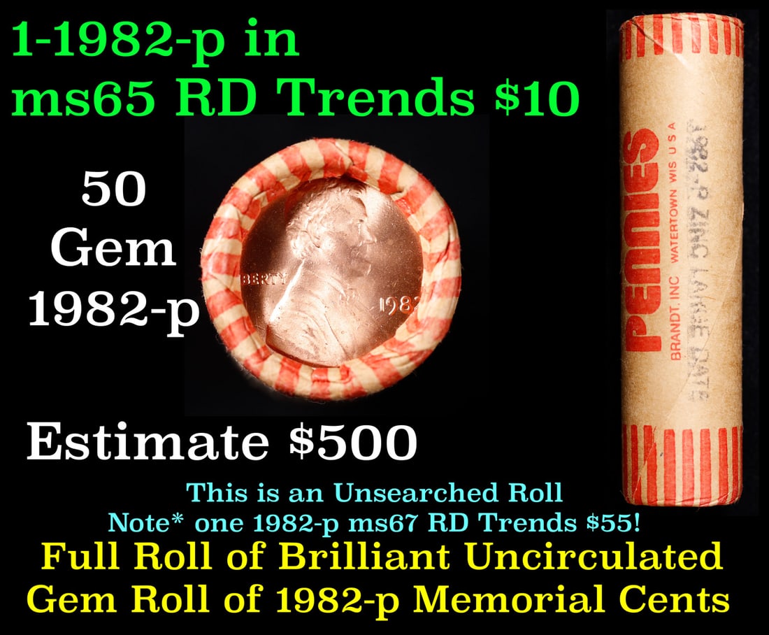 Shotgun Lincoln 1c roll, 1982-p zinc 50 pcs Brandt Wrapper.: Shotgun Lincoln 1c roll, 1982-p zinc 50 pcs Brandt Wrapper.. A terrific Shotgun roll of Lincoln cents. Most if not all coin should be cherry red.