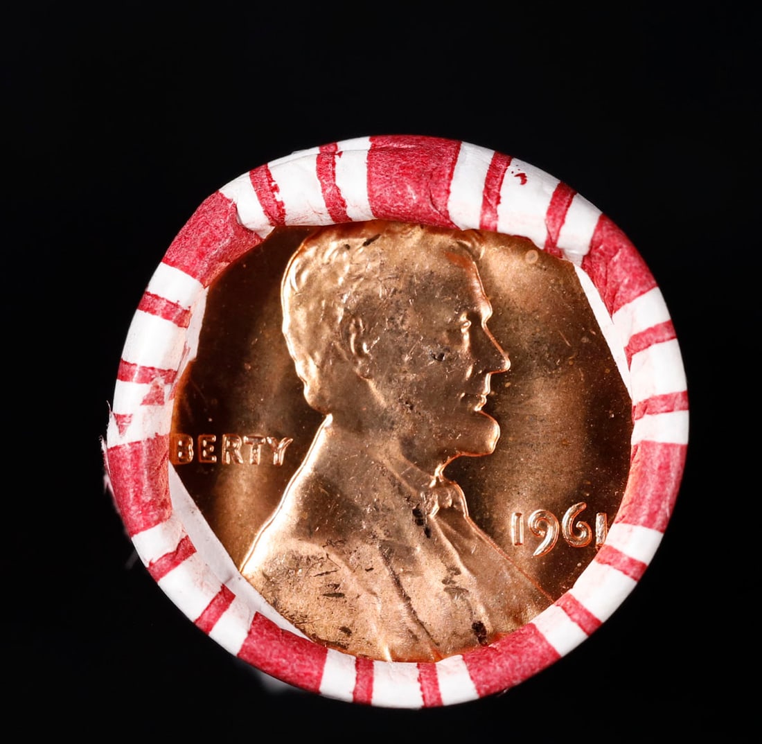 Shotgun Lincoln 1c roll, 1961-p 50 pcs Brandt 50c Wrapper.: Shotgun Lincoln 1c roll, 1961-p 50 pcs Brandt 50c Wrapper.. A terrific Shotgun roll of Lincoln cents. Most if not all coin should be cherry red.
