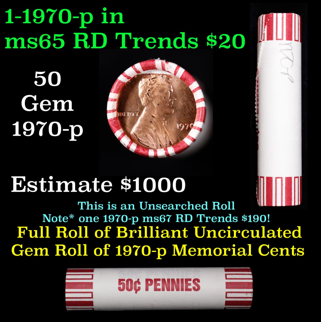 Shotgun Lincoln 1c roll, 1970-p 50 pcs Brandt 50c Wrapper.: Shotgun Lincoln 1c roll, 1970-p 50 pcs Brandt 50c Wrapper.. A terrific Shotgun roll of Lincoln cents. Most if not all coin should be cherry red.