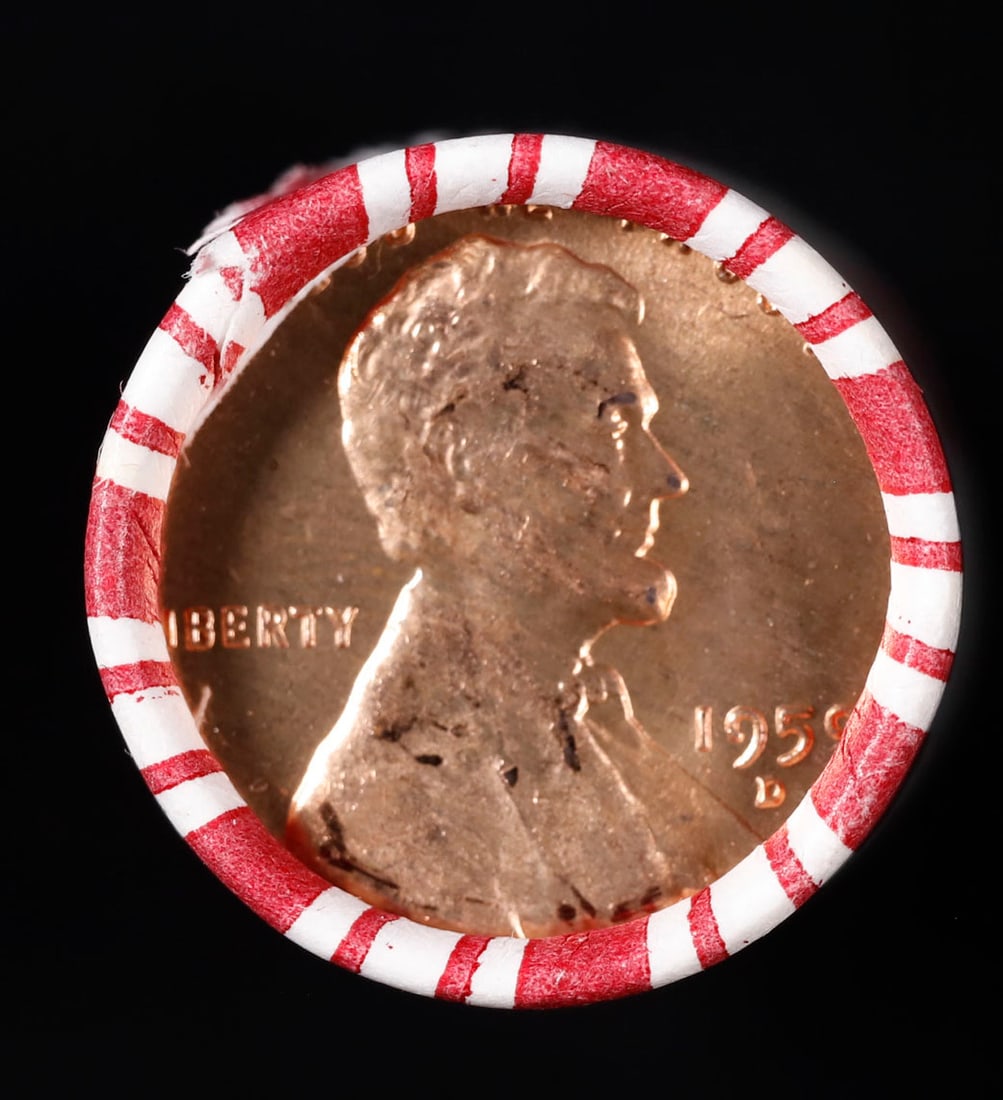 Shotgun Lincoln 1c roll, 1959-d 50 pcs Brandt 50c Wrapper.: Shotgun Lincoln 1c roll, 1959-d 50 pcs Brandt 50c Wrapper.. A terrific Shotgun roll of Lincoln cents. Most if not all coin should be cherry red.