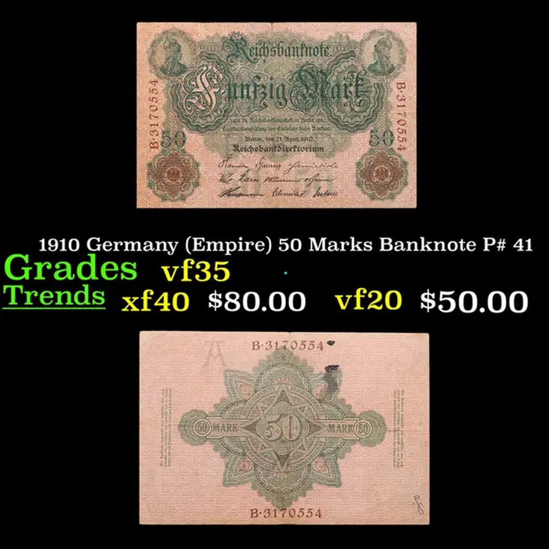 1910 Germany (Empire) 50 Marks Banknote P# 41 Grades vf++ (1 of 3)