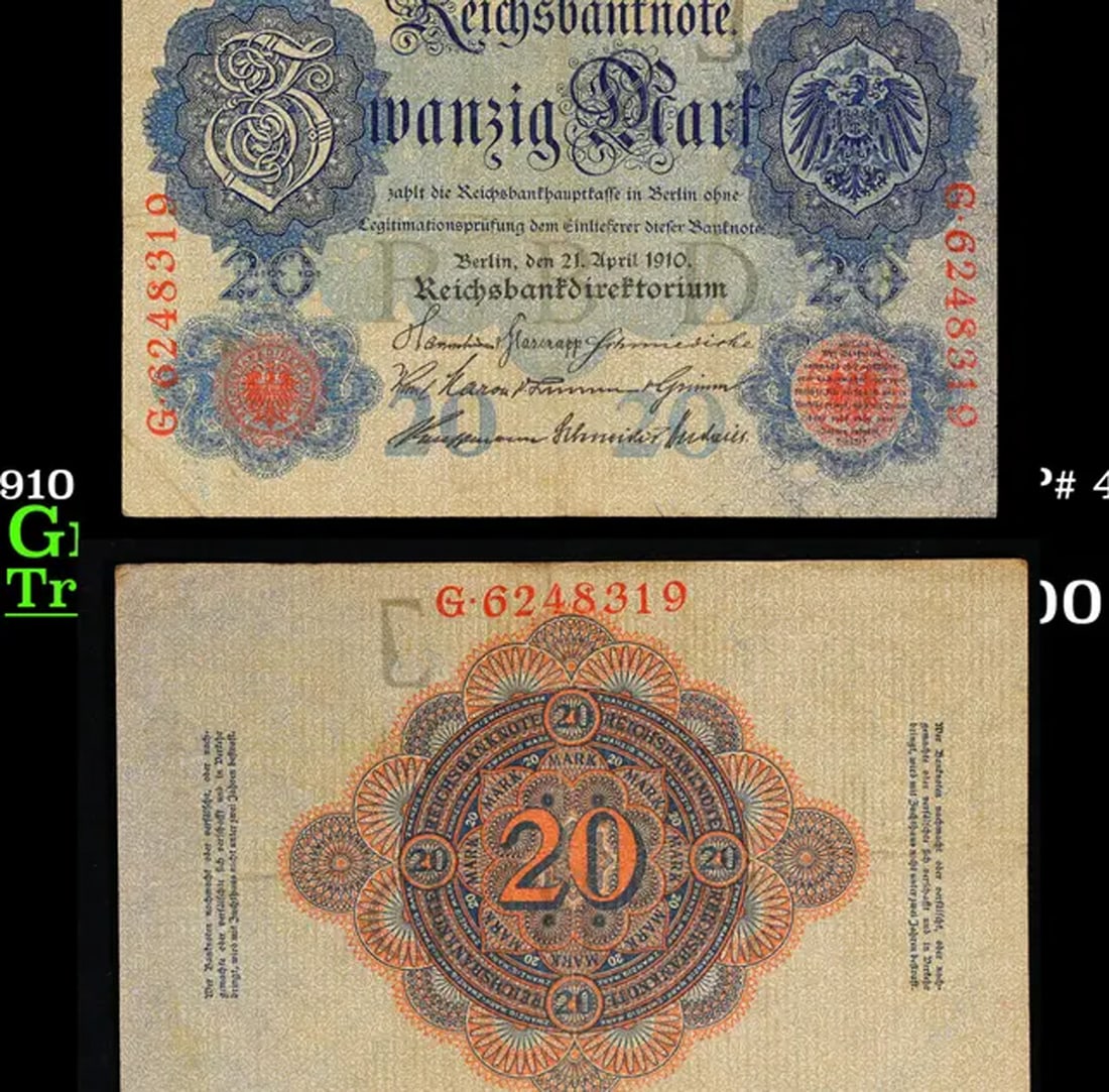 1910 Germany (Empire) 20 Marks Banknote P# 40b Grades Choice AU/BU Slider (1 of 3)
