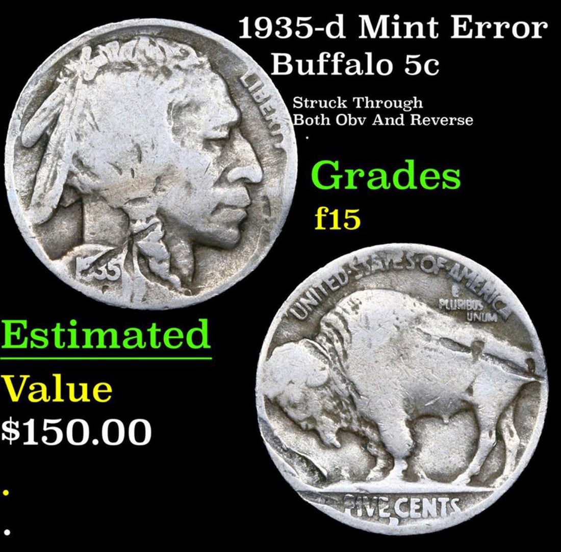 1935-d Buffalo Nickel Mint Error 5c Grades f+: 1935-d Mint Error Buffalo Nickel 5c Grades f+.