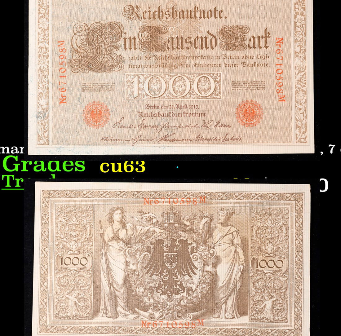1910 Germany (Empire) 1000 Marks Banknote P# 44b, 7 digit serial Grades Select CU (1 of 3)