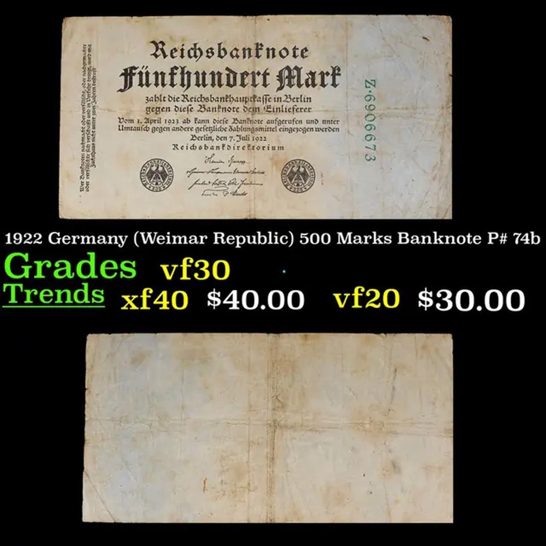 1922 Germany (Weimar Republic) 500 Marks Banknote P# 74b Grades vf++ (1 of 3)