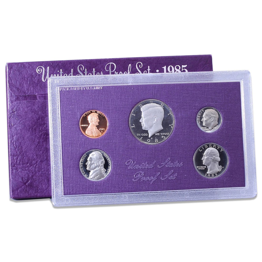 1985 United States Proof Set, 5 Coins Inside!: 1985 United States Proof Set, 5 Coins Inside!. Original packaging: The coins of the 1985-S Proof Set were placed in individual holes in a purple-colored, textured paper and cardboard insert, then seal