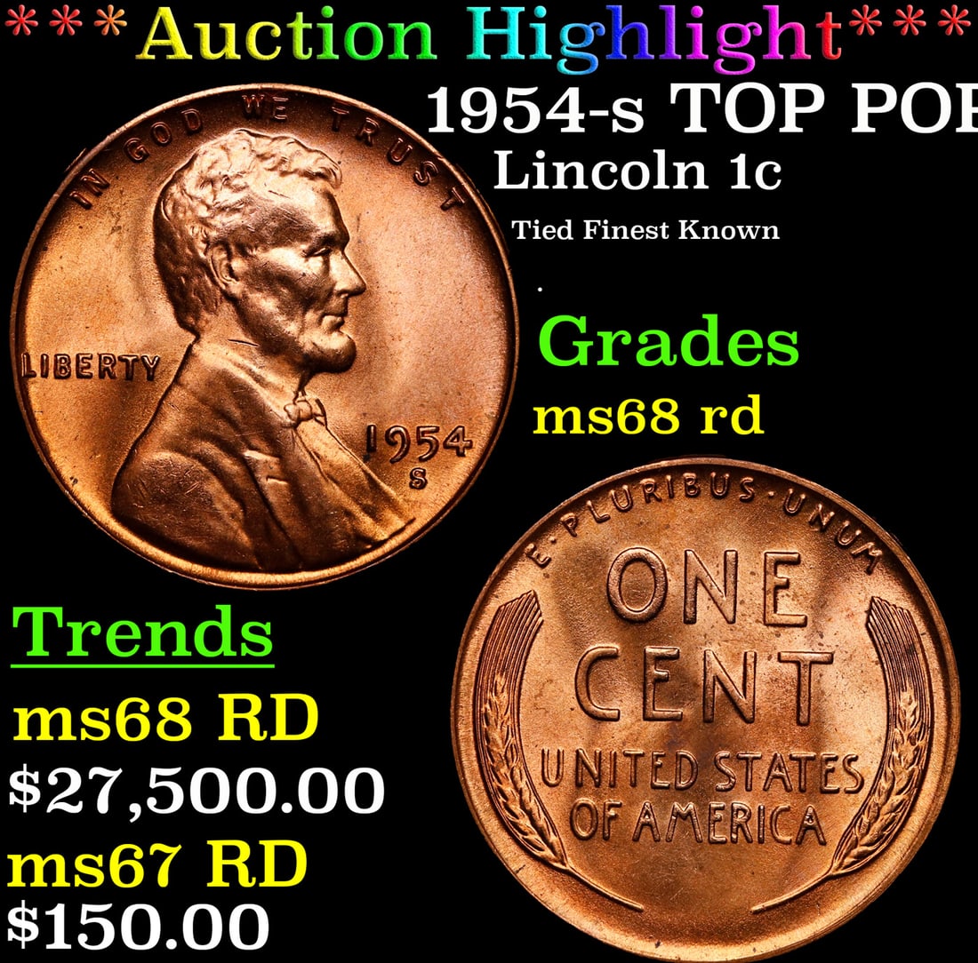 **Auction Highlight*** 1954-s Lincoln Cent TOP POP! 1c Graded GEM+++ Unc RD By USCG (fc) (1 of 3)