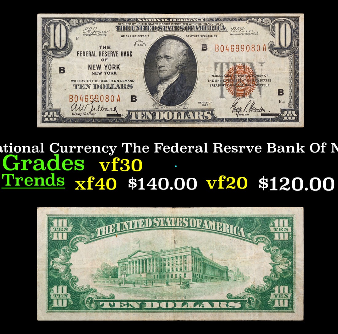 1929 $10 National Currency The Federal Resrve Bank Of New York, NY Grades vf++ (1 of 3)
