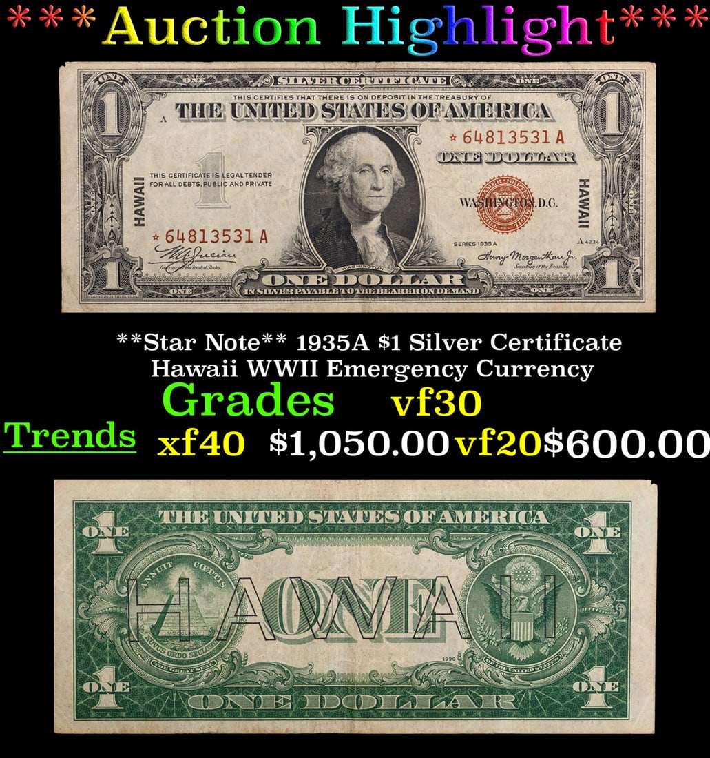 **Star Note** 1935A $1 Hawaii Silver Certificate WWII Emergency Currency Grades vf++ (1 of 3)