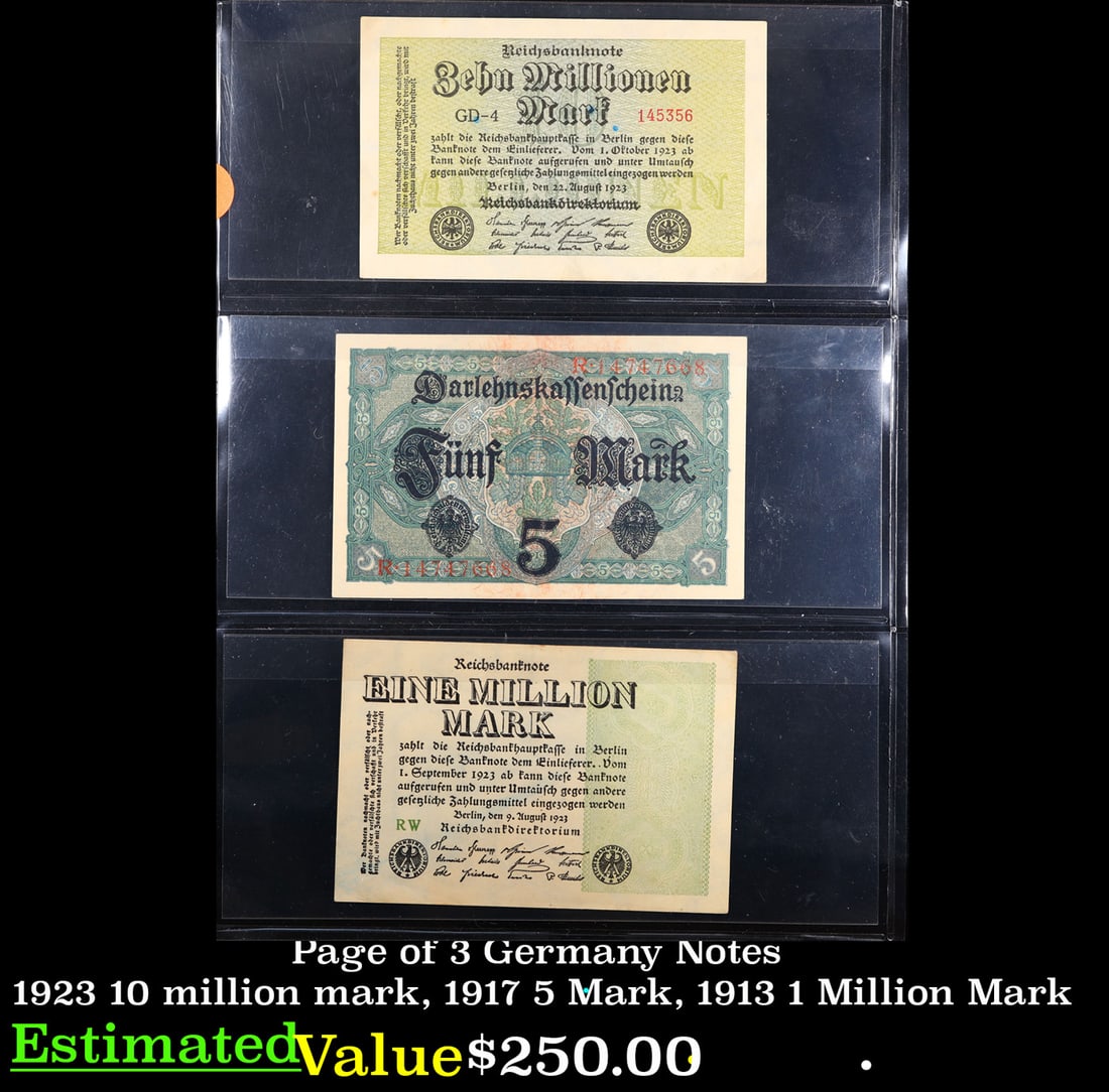 Page of 3 Germany Notes 1923 10 million mark, 1917 5 Mark, 1913 1 Million Mark (1 of 3)