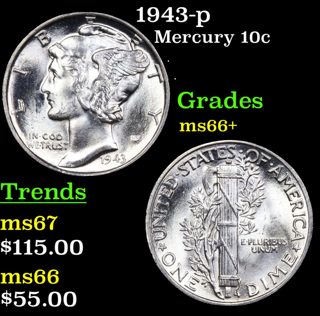 1943-p Mercury Dime 10c Grades GEM++ Unc (1 of 3)