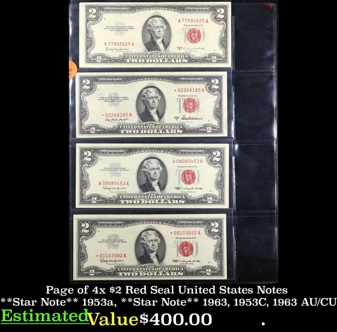 Page of 4x $2 Red Seal United States Notes **Star Note** 1953a, **Star Note** 1963, 1953C, 1963 (1 of 3)