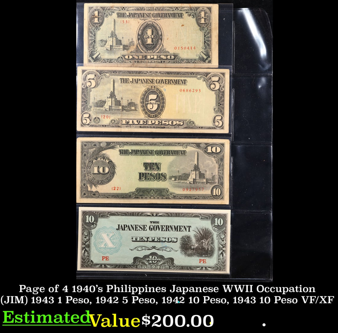 Page of 4 1940's Philippines Japanese WWII Occupation (JIM) 1943 1 Peso, 1942 5 Peso, 1942 10 Peso, (1 of 3)