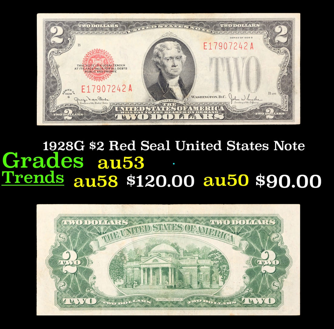 1928G $2 Red Seal United States Note Grades Select AU (1 of 3)