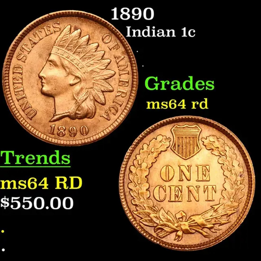 1890 Indian Cent 1c Graded ms64 rd By SEGS (1 of 5)