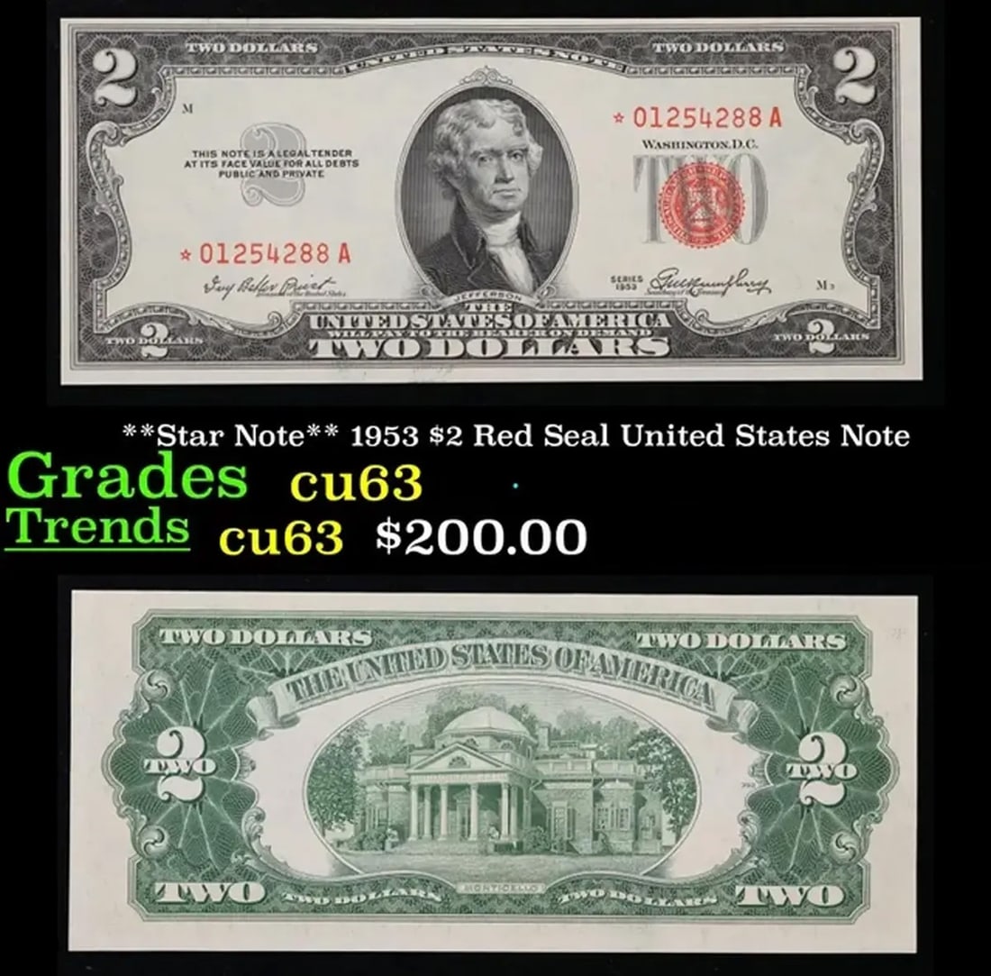 **Star Note** 1953 $2 Red Seal United States Note Grades Select CU (1 of 3)