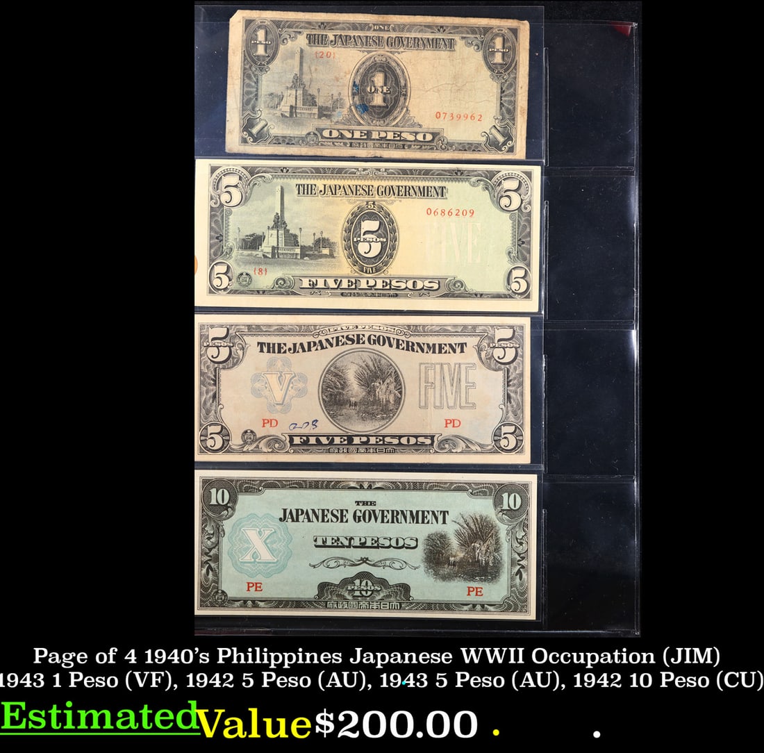 Page of 4 1940's Philippines Japanese WWII Occupation (JIM) 1943 1 Peso (VF), 1942 5 Peso (AU), 1943 (1 of 3)