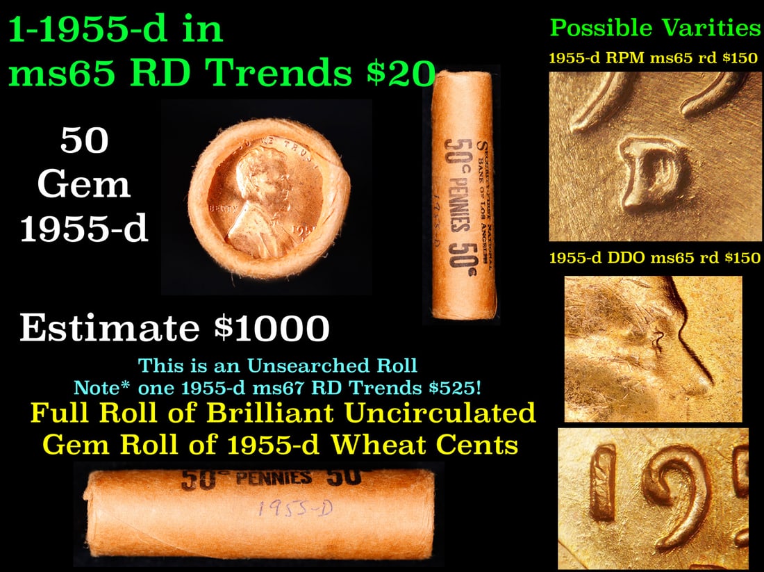 BU Shotgun Lincoln 1c roll, 1955-d 50 pcs Original Security First National Bank Of LA DDO & RPM: BU Shotgun Lincoln 1c roll, 1955-d 50 pcs Original Security First National Bank Of LA DDO & RPM Varitites Possible. A terrific Shotgun roll of Lincoln cents in a steel strong wrapper. Most if not all