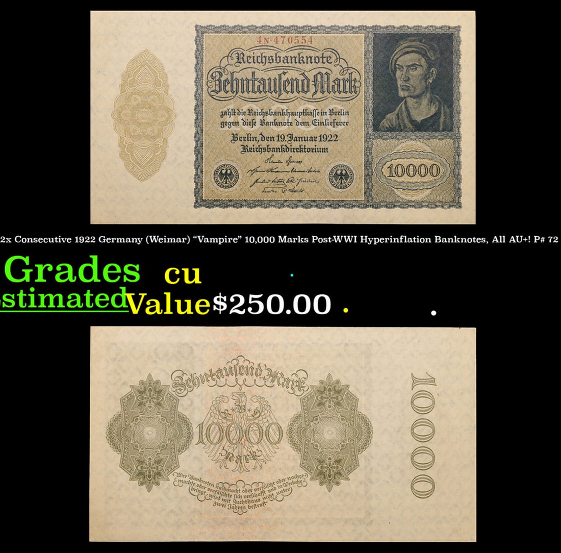 2x Consecutive 1922 Germany (Weimar) "Vampire" 10,000 Marks Post-WWI Hyperinflation Banknotes, All (1 of 5)