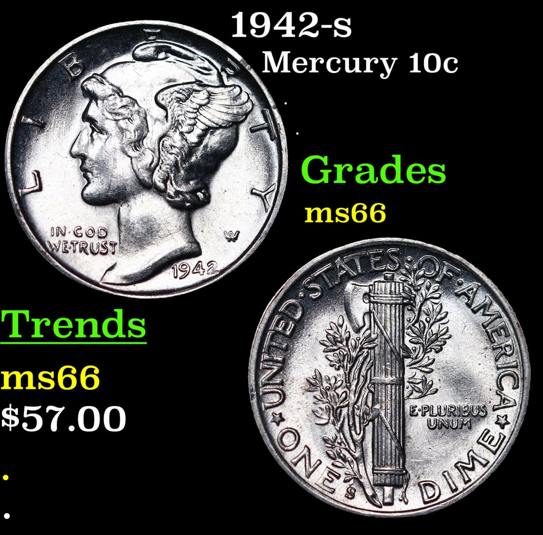 1942-s Mercury Dime 10c Grades GEM+ Unc (1 of 3)