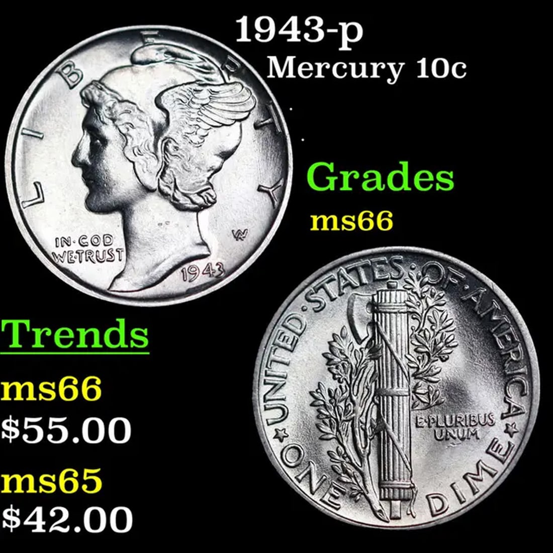 1943-p Mercury Dime 10c Grades GEM+ Unc (1 of 3)