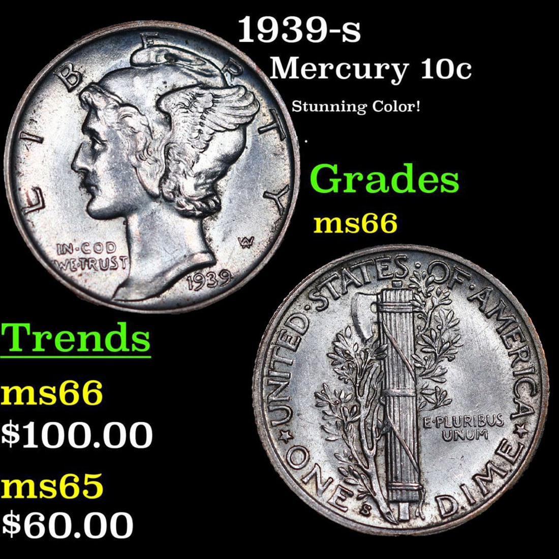 1939-s Mercury Dime 10c Grades GEM+ Unc (1 of 3)