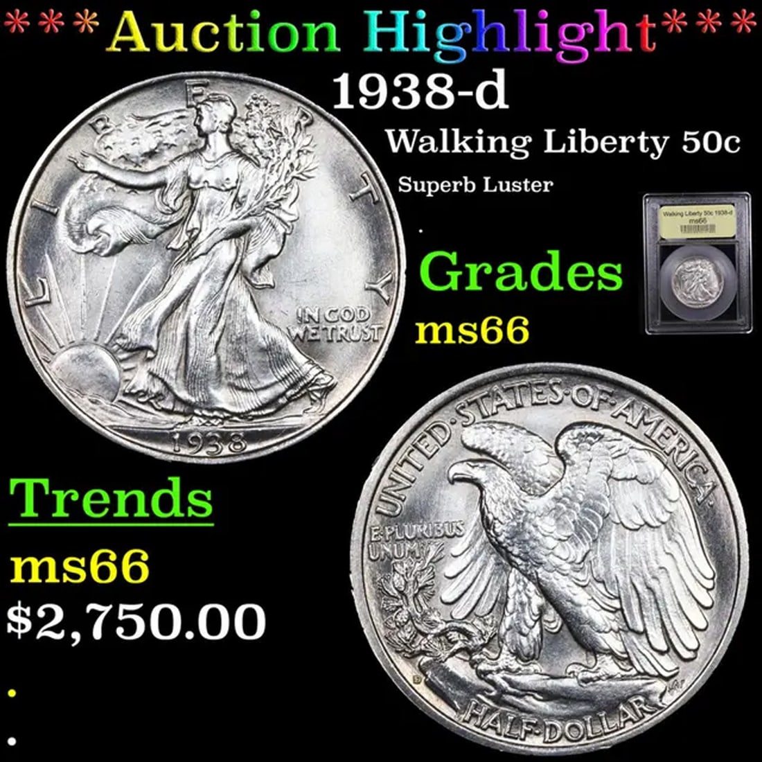 ***Auction Highlight*** 1938-d Walking Liberty Half Dollar 50c Graded GEM+ Unc BY USCG (fc) (1 of 5)