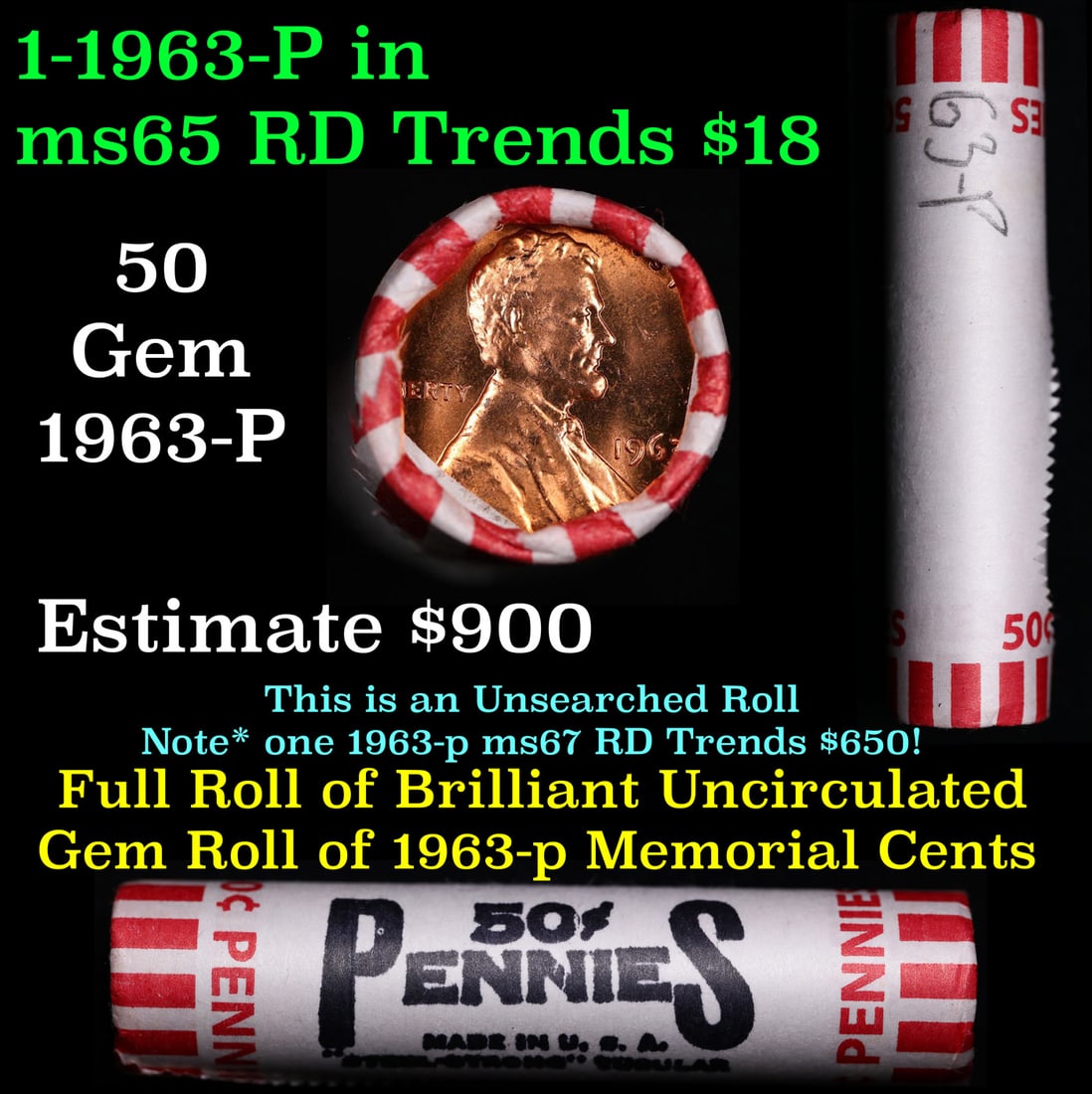 BU Shotgun Lincoln 1c roll, 1963-p 50 pcs Steel-Strong Wrapper 50c (1 of 4)