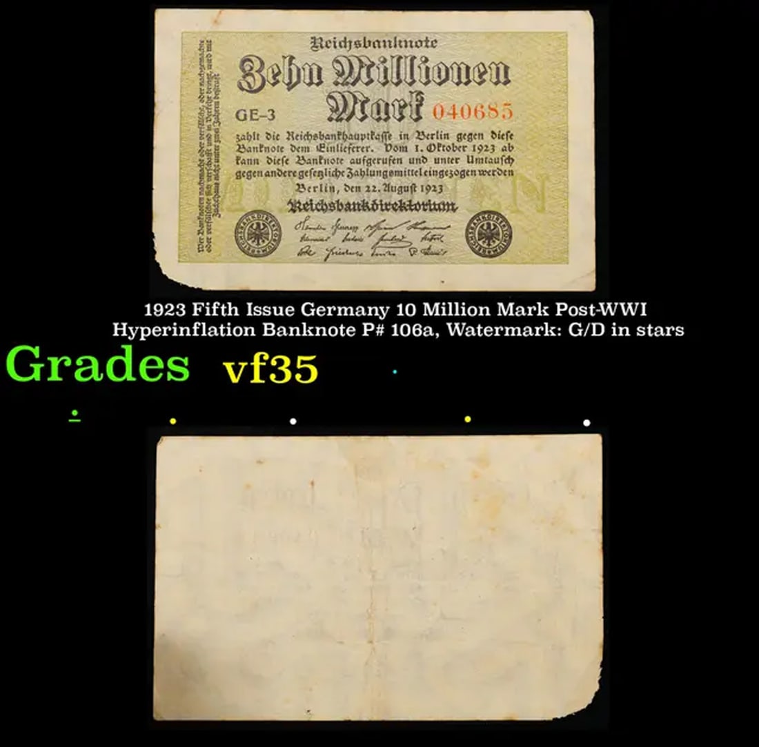 1923 Fifth Issue Germany 10 Million Mark Post-WWI Hyperinflation Banknote P# 106a, Watermark: G/D in (1 of 3)